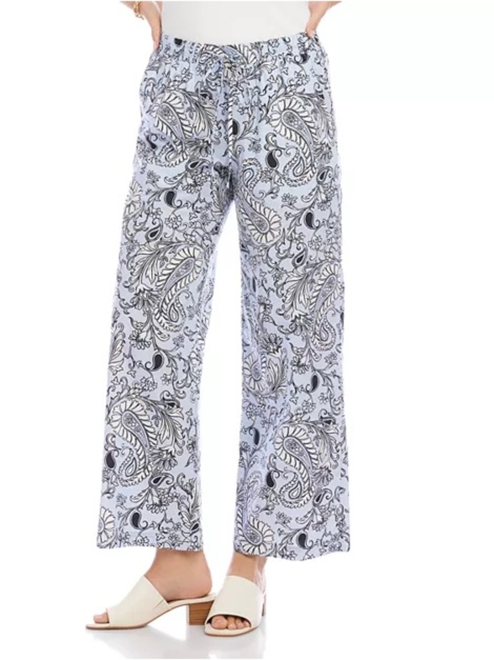 Karen Kane Drawstring Cropped Pants Light Blue Paisley Small